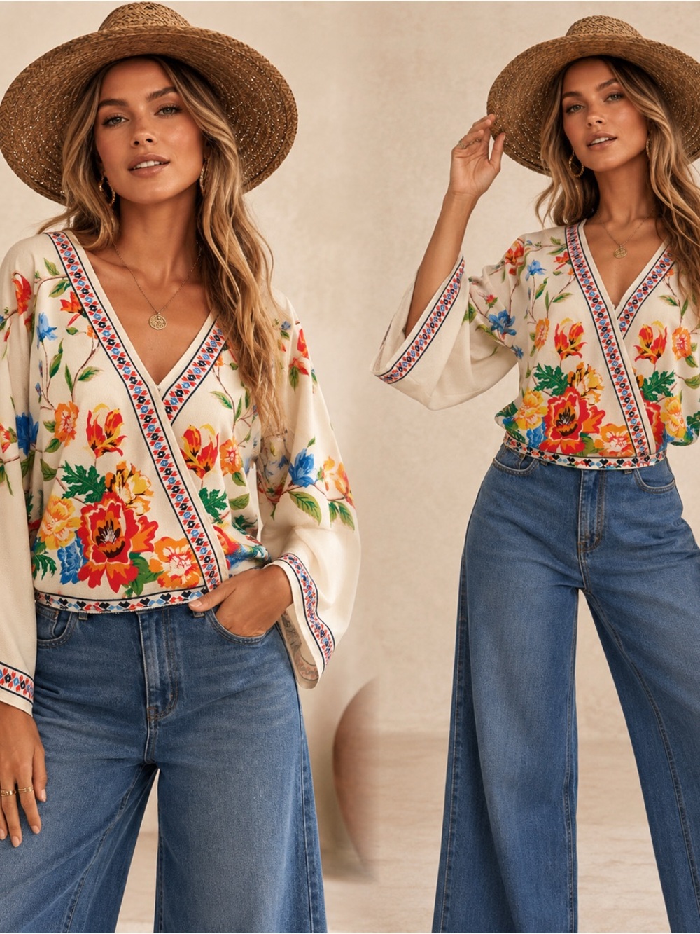 Flying Tomato Cream Floral V-Neck Wrap Blouse